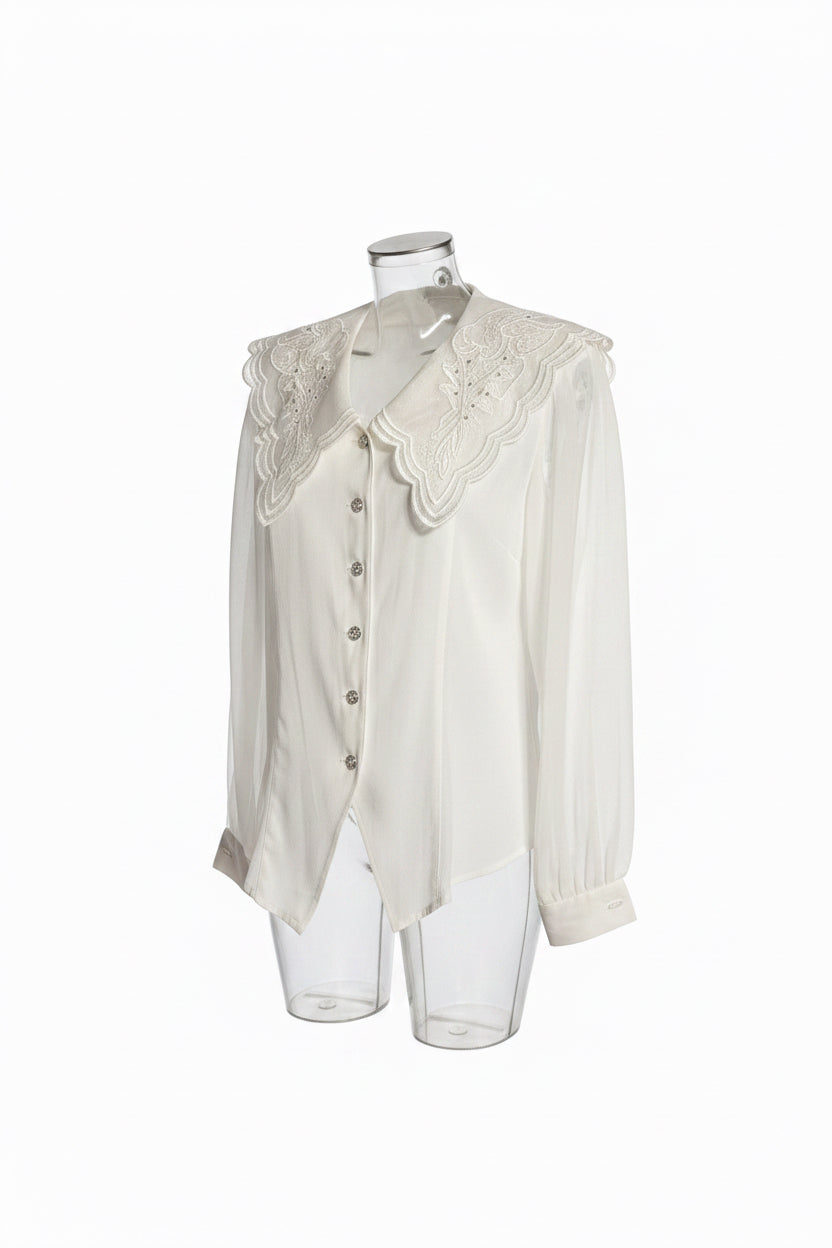 Vintage 80s White Satin Oversized Embroidered Collar Blouse