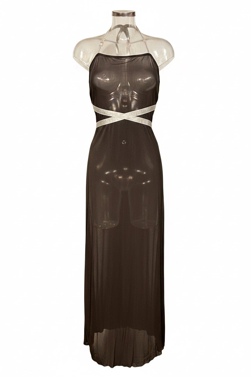 Y2K Sheer Black Halterneck Cutout Maxi Dress