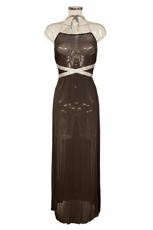 Y2K Sheer Black Halterneck Cutout Maxi Dress