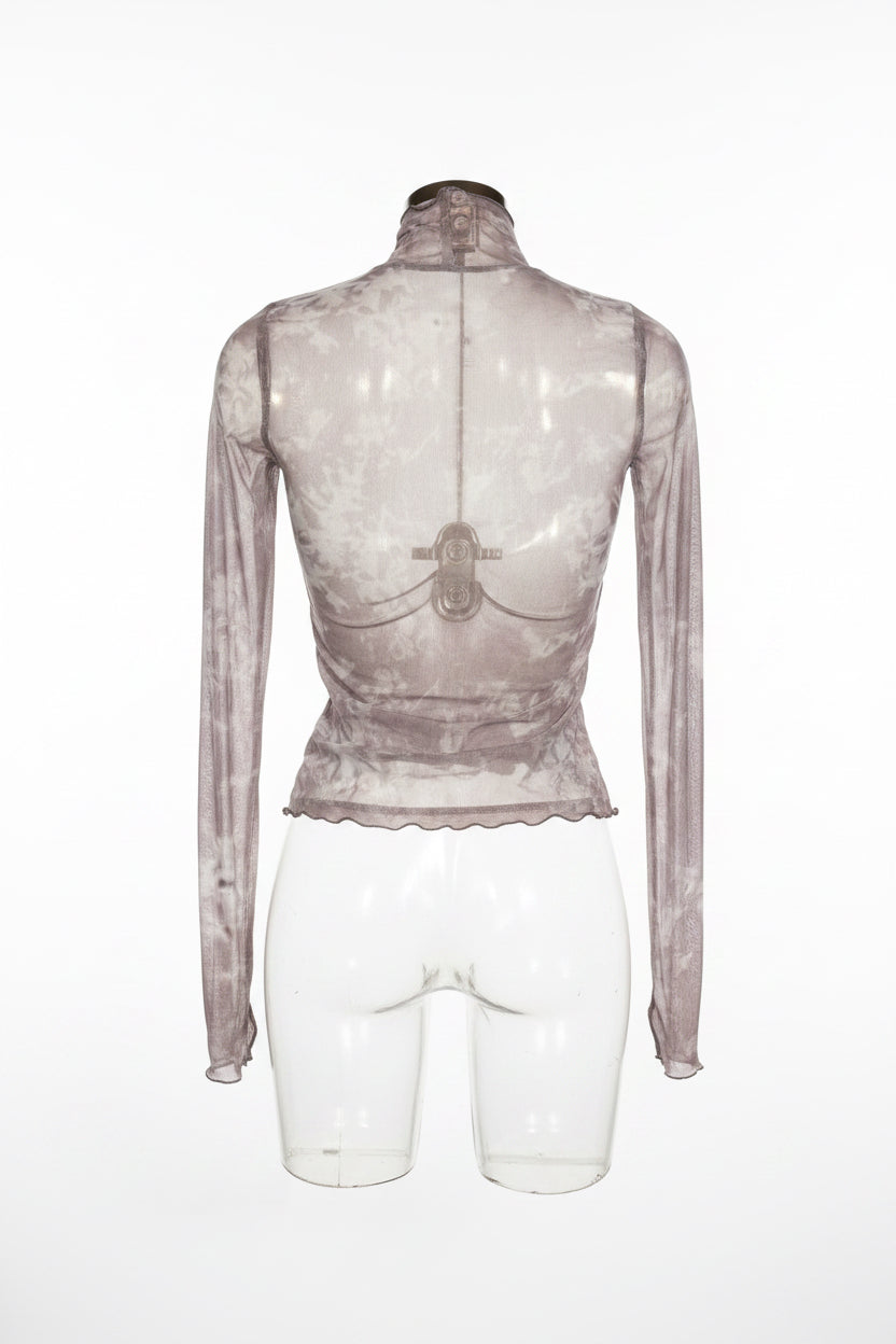 Y2K Mauve Marble Print Sheer Mesh Turtleneck Top