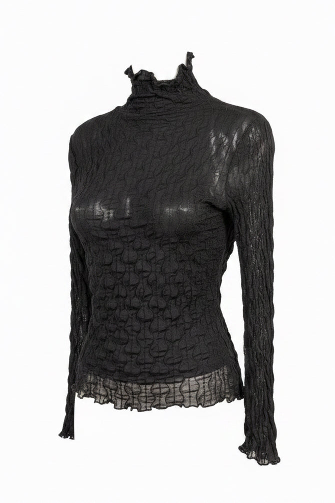 Y2K Black Crinkle Smocked Turtleneck Top