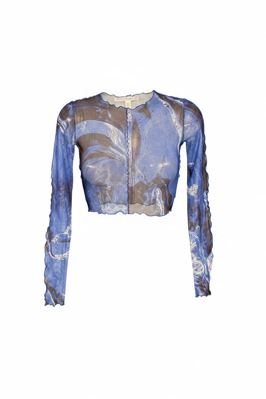 Vintage Blue Marble Print Sheer Mesh Crop Top | Lettuce Edge Long Sleeve