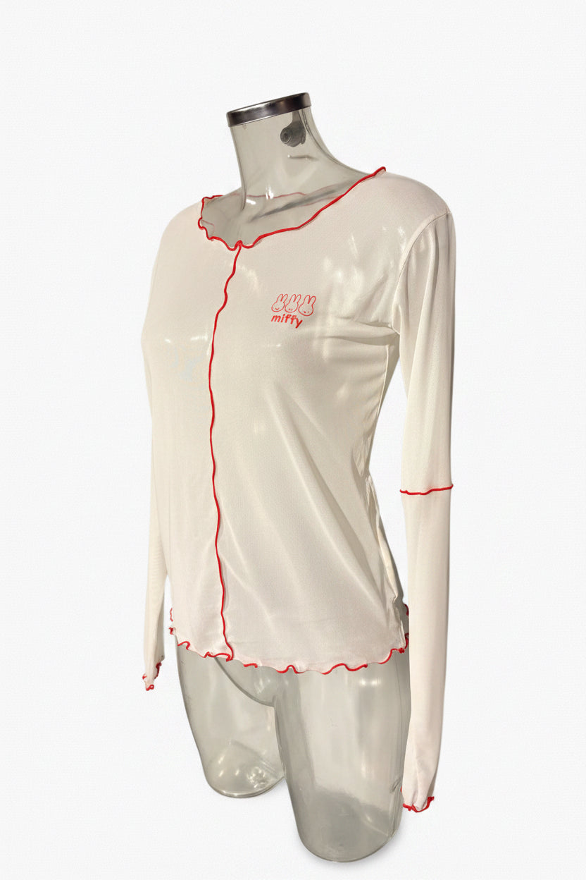 Y2K Miffy Cream Sheer Long Sleeve Top with Red Lettuce Trim