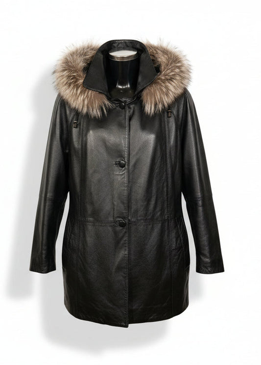 1990s Real Leather Parka Jacket with Fur Trim - Oversized Vintage Outerwear