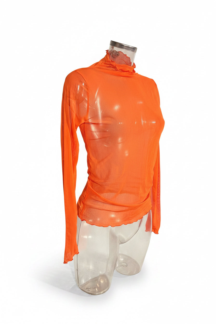 Vintage Neon Orange Sheer Turtleneck Top | Y2K Long Sleeve