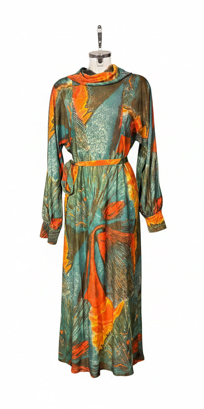 Vintage 70s Teal & Orange Abstract Print Cowl Neck Maxi Dress