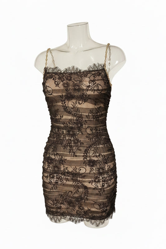 Y2K Black Lace Ruched Mini Dress with Diamanté Straps