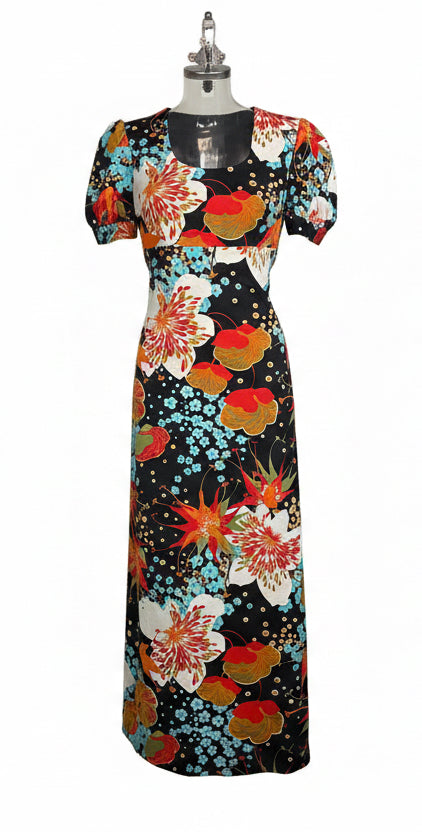 Vintage 70s Black Tropical Floral Puff Sleeve Maxi Dress by Diolen Loft