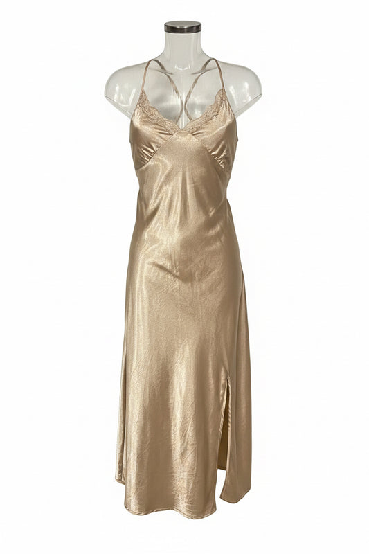 Vintage 90s Champagne Satin Slip Dress with Lace Trim