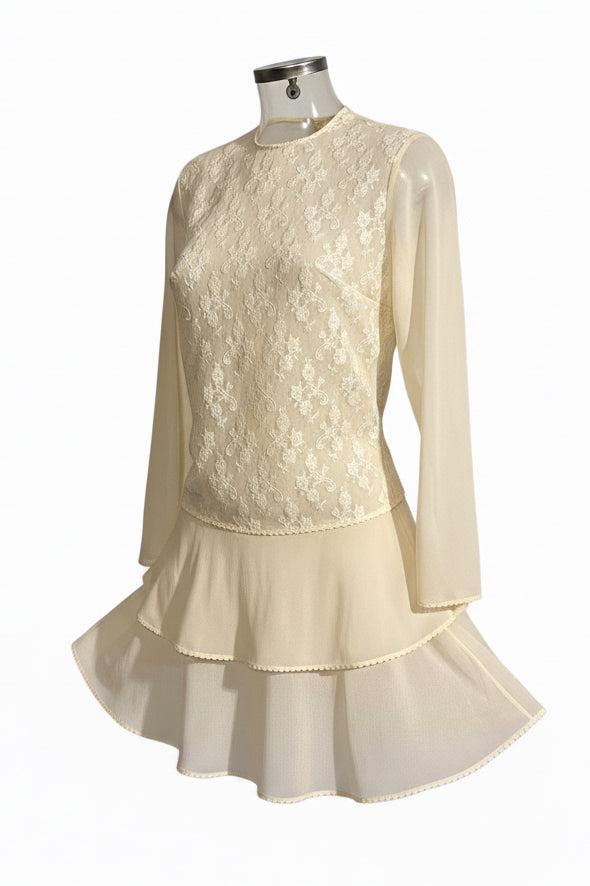 Y2K Cream Floral Embroidered Tiered Mini Dress