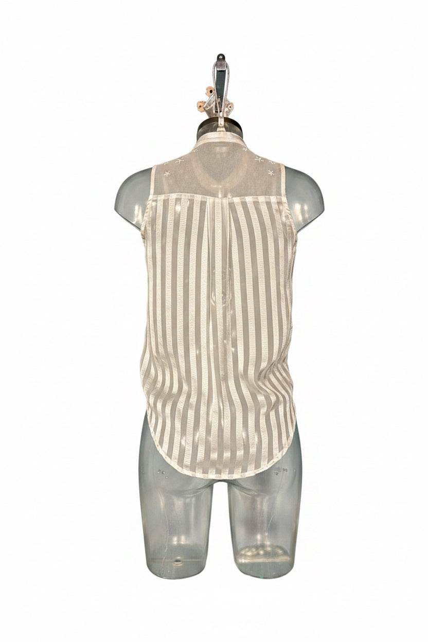Vintage 90s White Star Embroidered Sheer Yoke Tie-Front Top