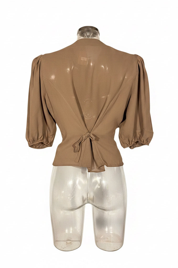Vintage 80s Lurex Brocade Puff Sleeve Blouse with Tie Back