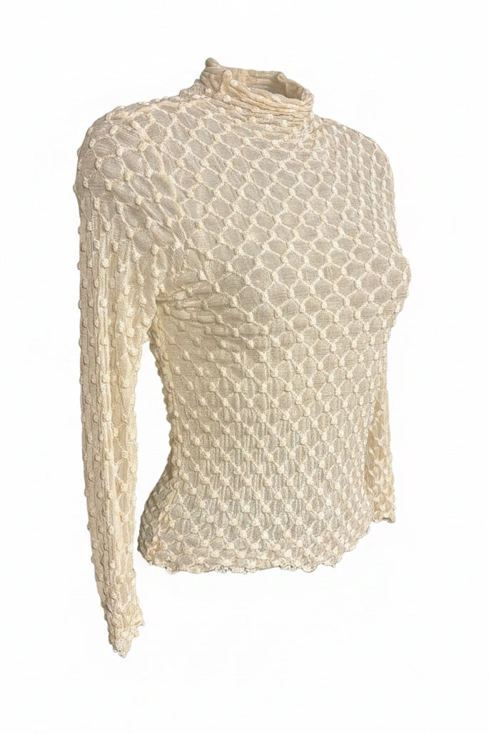 Y2K Cream Bubble Texture Mock Neck Long Sleeve Top