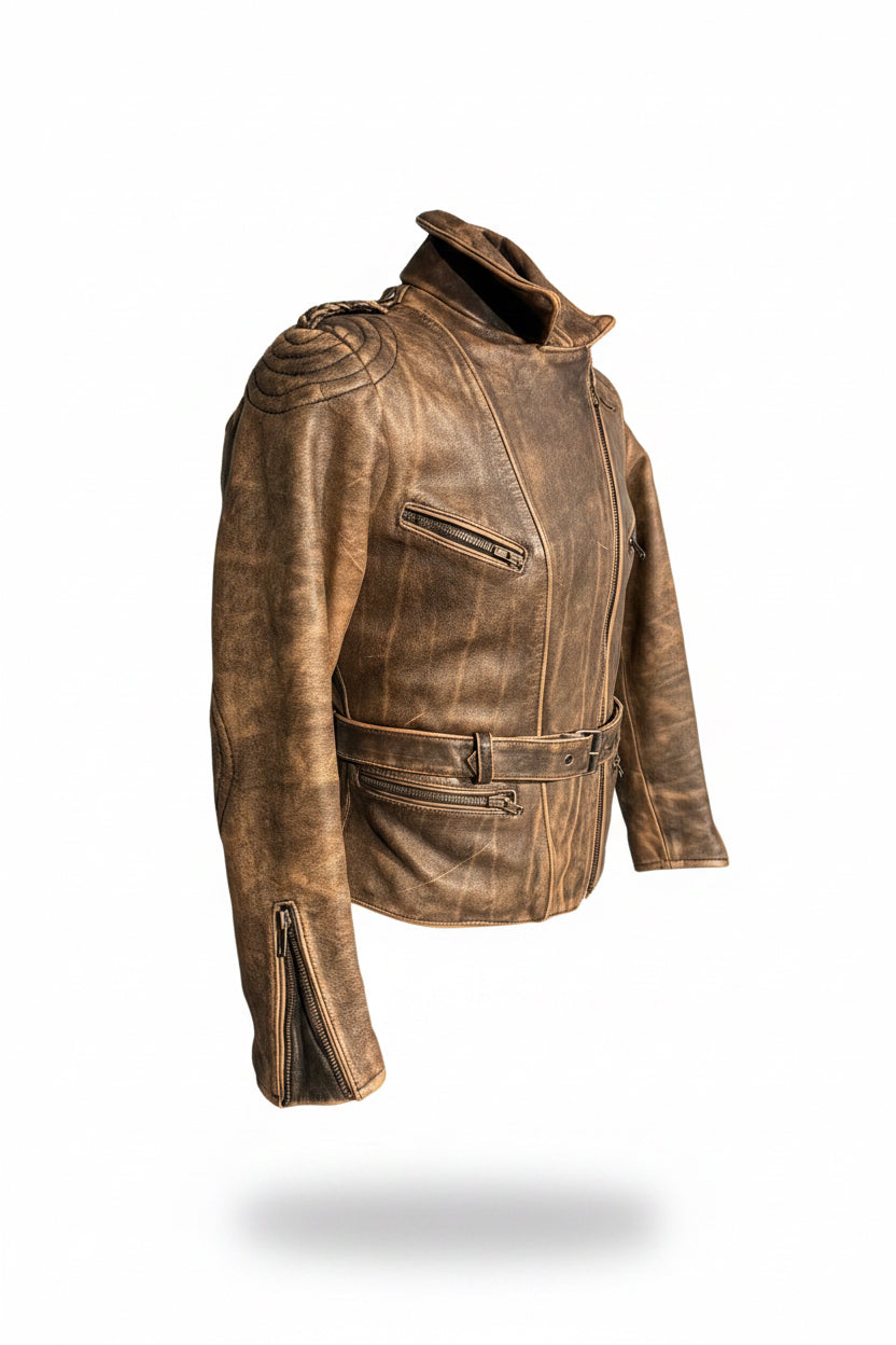 Vintage Tan Distressed Leather Belted Biker Jacket with Epaulettes