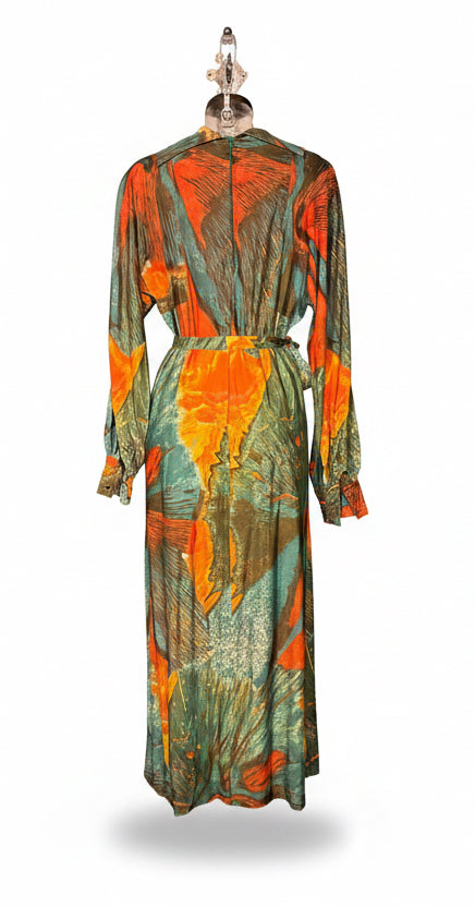 Vintage 70s Teal & Orange Abstract Print Cowl Neck Maxi Dress