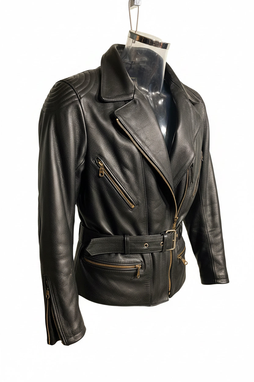 Vintage Highway Black Belted Leather Biker Jacket