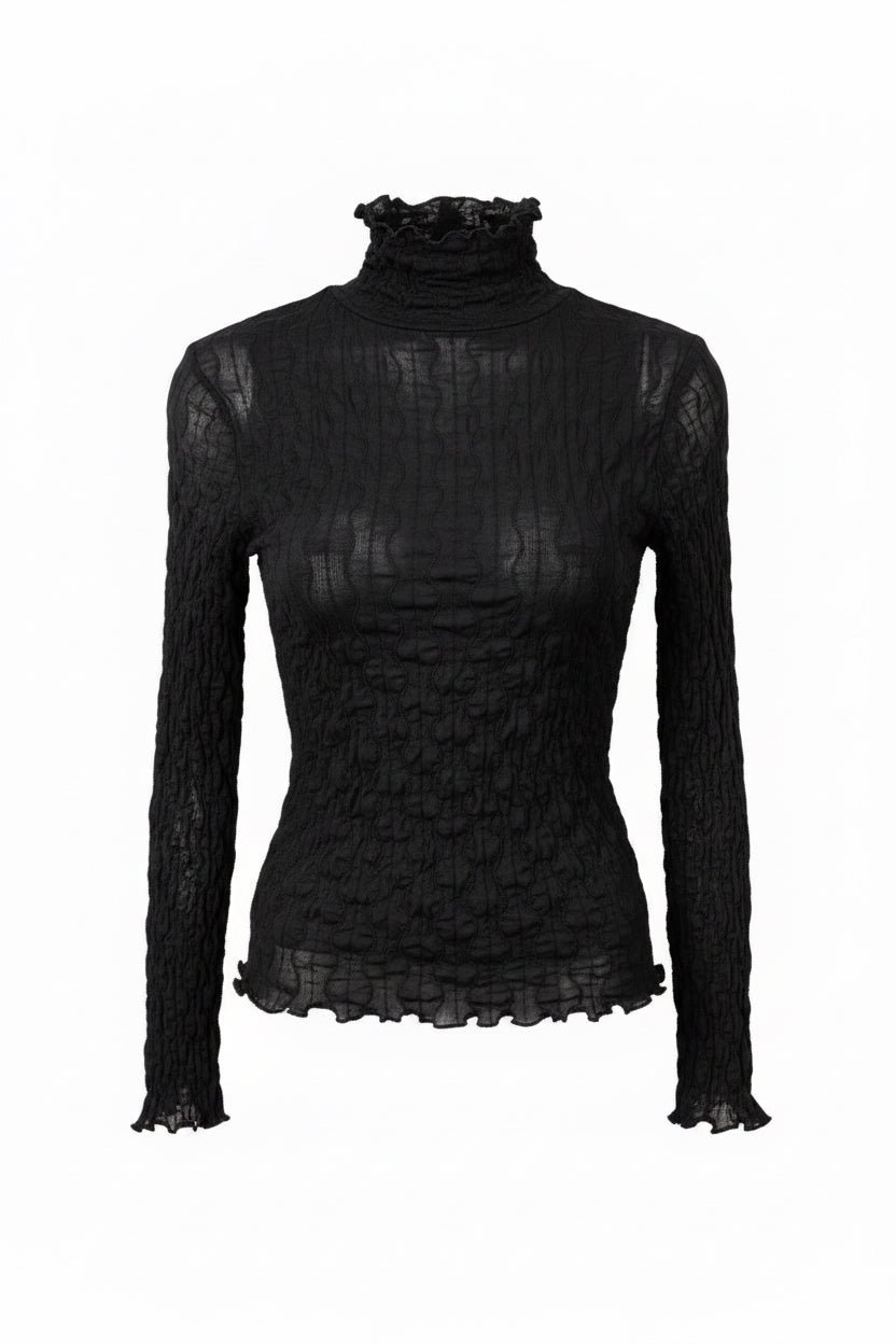 Y2K Black Crinkle Smocked Turtleneck Top