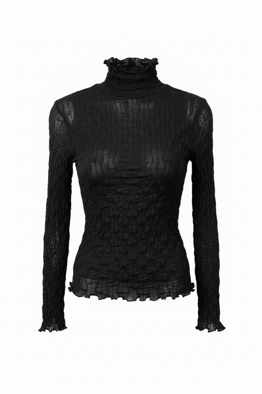 Y2K Black Crinkle Smocked Turtleneck Top