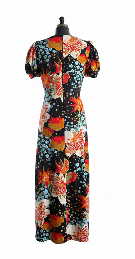 Vintage 70s Black Tropical Floral Puff Sleeve Maxi Dress by Diolen Loft