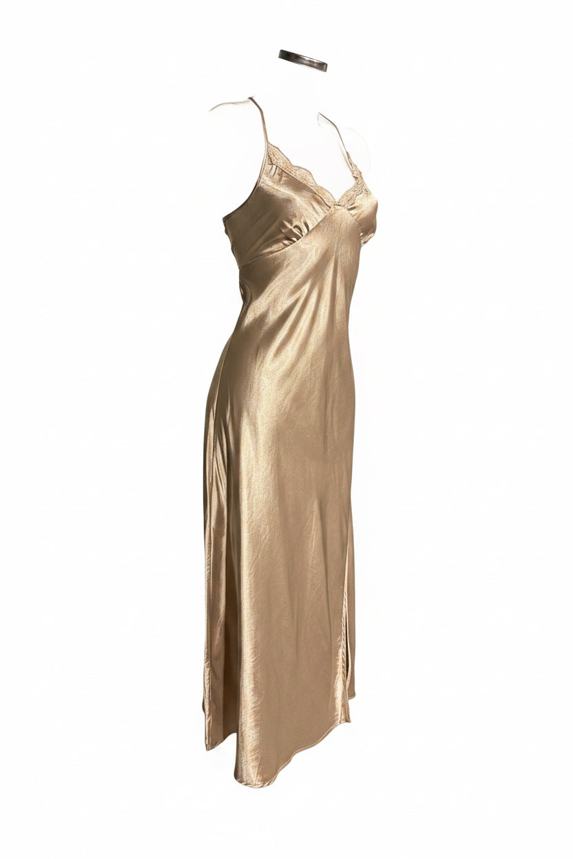 Vintage 90s Champagne Satin Slip Dress with Lace Trim