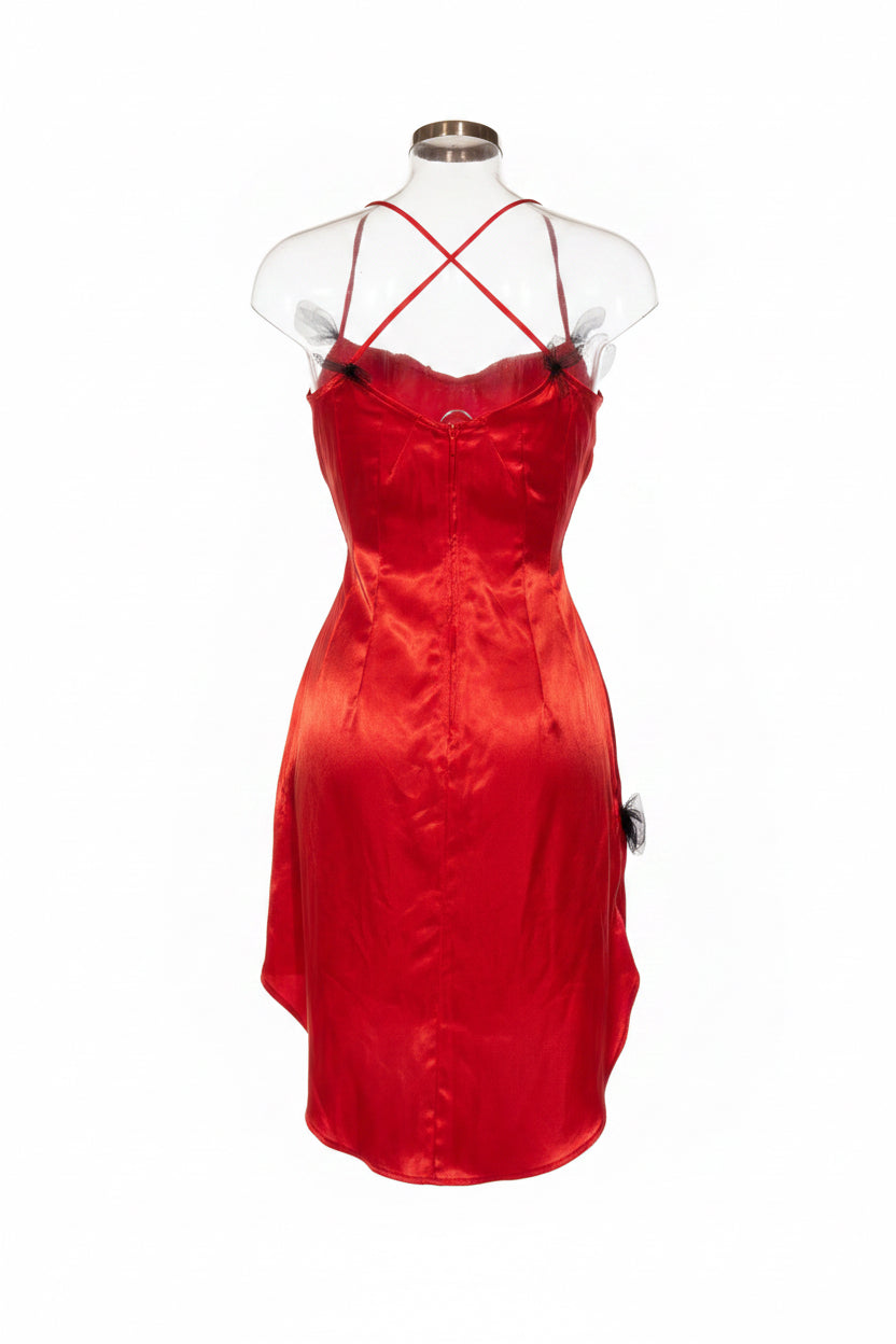 Vintage Red Satin Slip Dress with Black Feather Trim