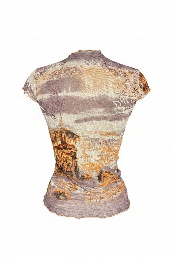 Y2K Lavender & Gold Architectural Print Sheer Mesh Cap Sleeve Top