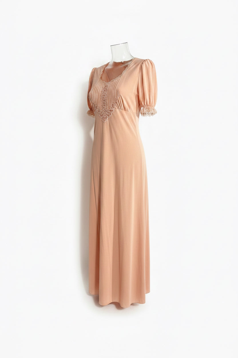Vintage Blush Pink Lace Trim Pintuck Maxi Dress