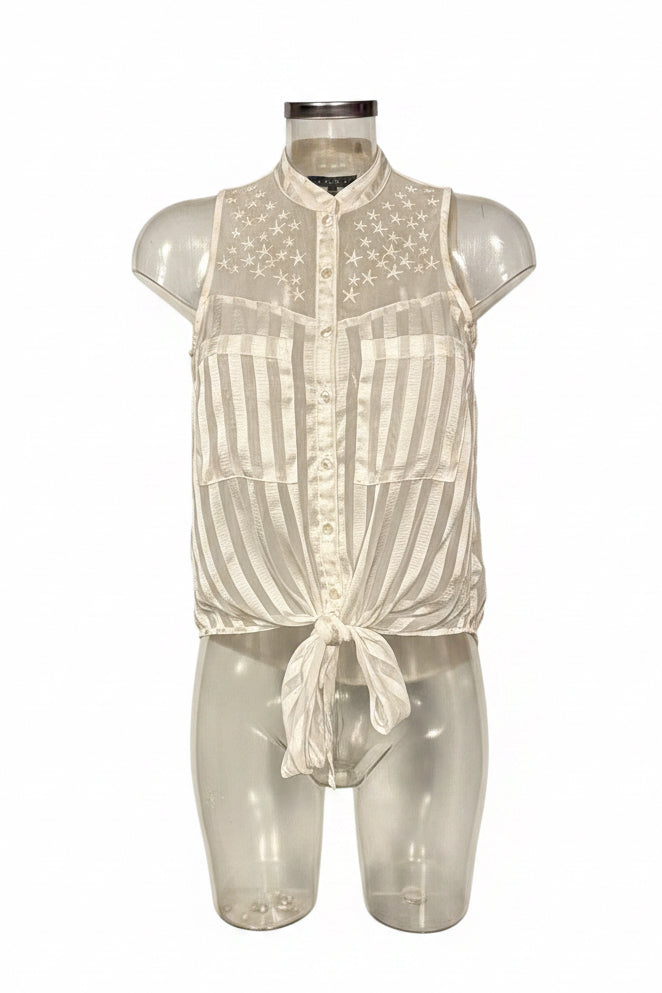 Vintage 90s White Star Embroidered Sheer Yoke Tie-Front Top