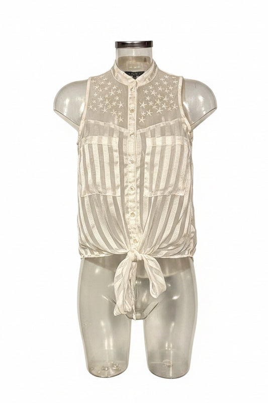 Vintage 90s White Star Embroidered Sheer Yoke Tie-Front Top