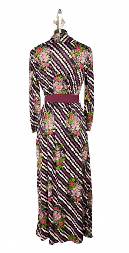 Vintage 70s Purple Stripe Floral Maxi Shirt Dress with Belt