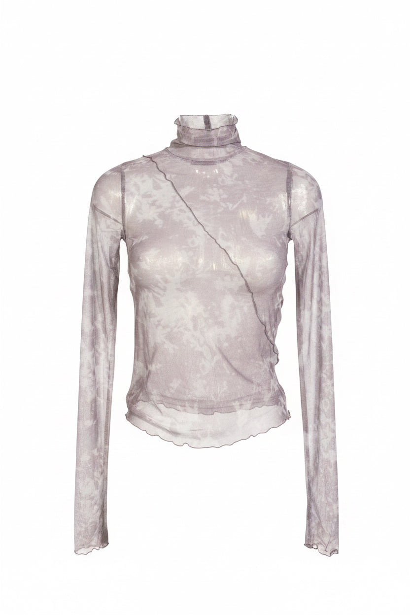 Y2K Mauve Marble Print Sheer Mesh Turtleneck Top