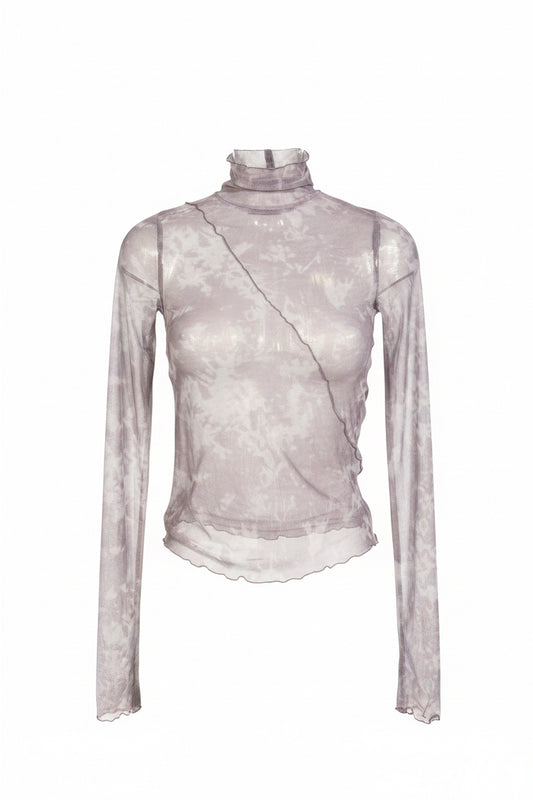 Y2K Mauve Marble Print Sheer Mesh Turtleneck Top