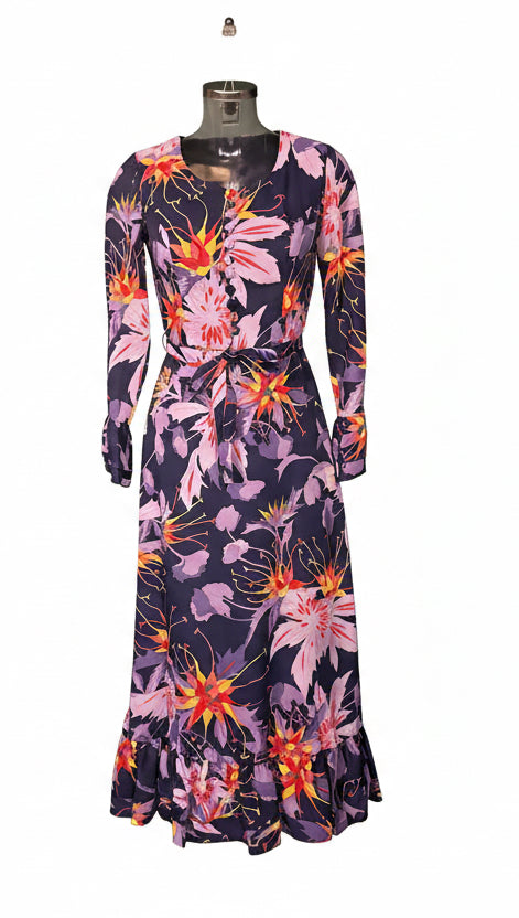 Vintage 70s Navy Tropical Floral Maxi Dress with Ruffle Hem by Vera Mont Paris
