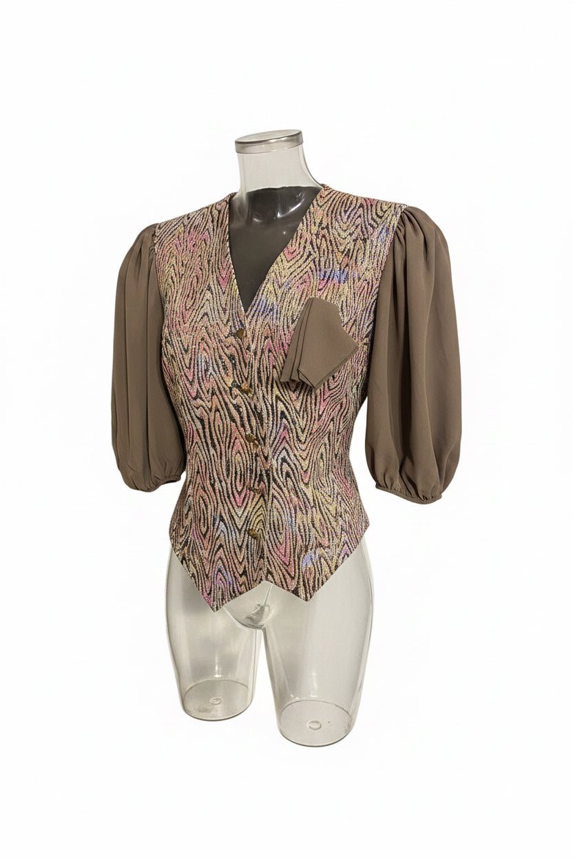 Vintage 80s Lurex Brocade Puff Sleeve Blouse with Tie Back