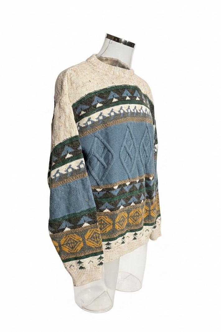 Vintage 80s Multi-Band Intarsia Knit Sweater in Cream & Blue — Size L/XL