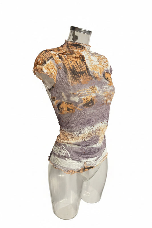 Y2K Lavender & Gold Architectural Print Sheer Mesh Cap Sleeve Top