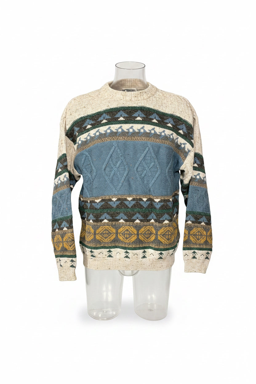 Vintage 80s Multi-Band Intarsia Knit Sweater in Cream & Blue — Size L/XL
