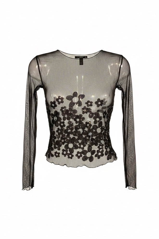 Y2K Black Sheer Mesh Crop Top with 3D Daisy Appliqué