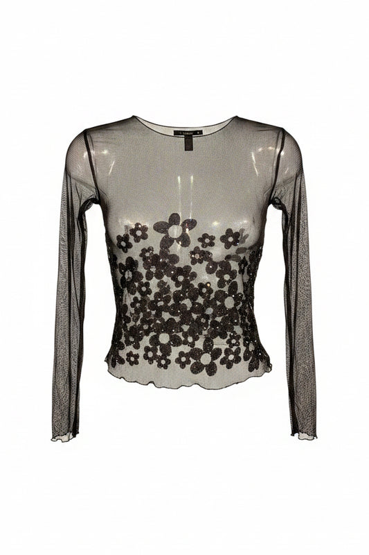 Y2K Black Sheer Mesh Crop Top with 3D Daisy Appliqué