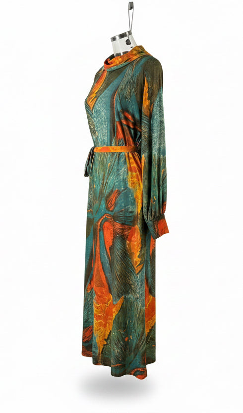 Vintage 70s Teal & Orange Abstract Print Cowl Neck Maxi Dress
