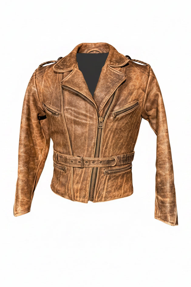 Vintage Tan Distressed Leather Belted Biker Jacket with Epaulettes