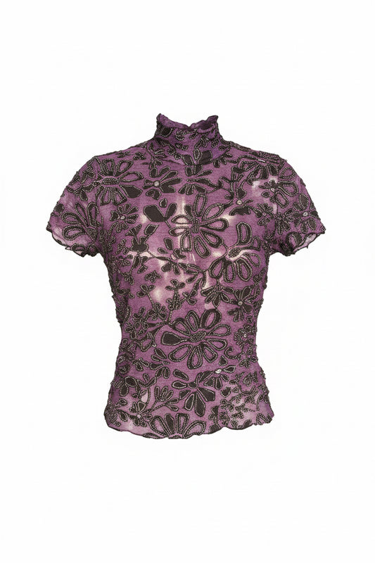Vintage 90s Purple Floral Mesh Top