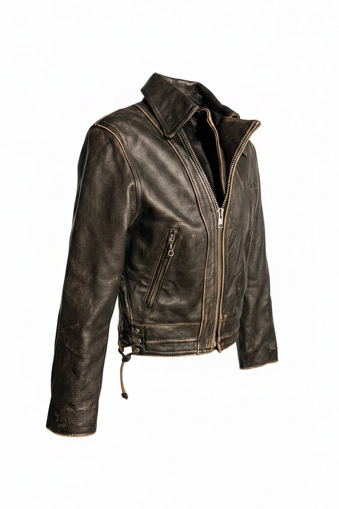 Vintage Reza Duro Distressed Black Leather Biker Jacket with Script Logo