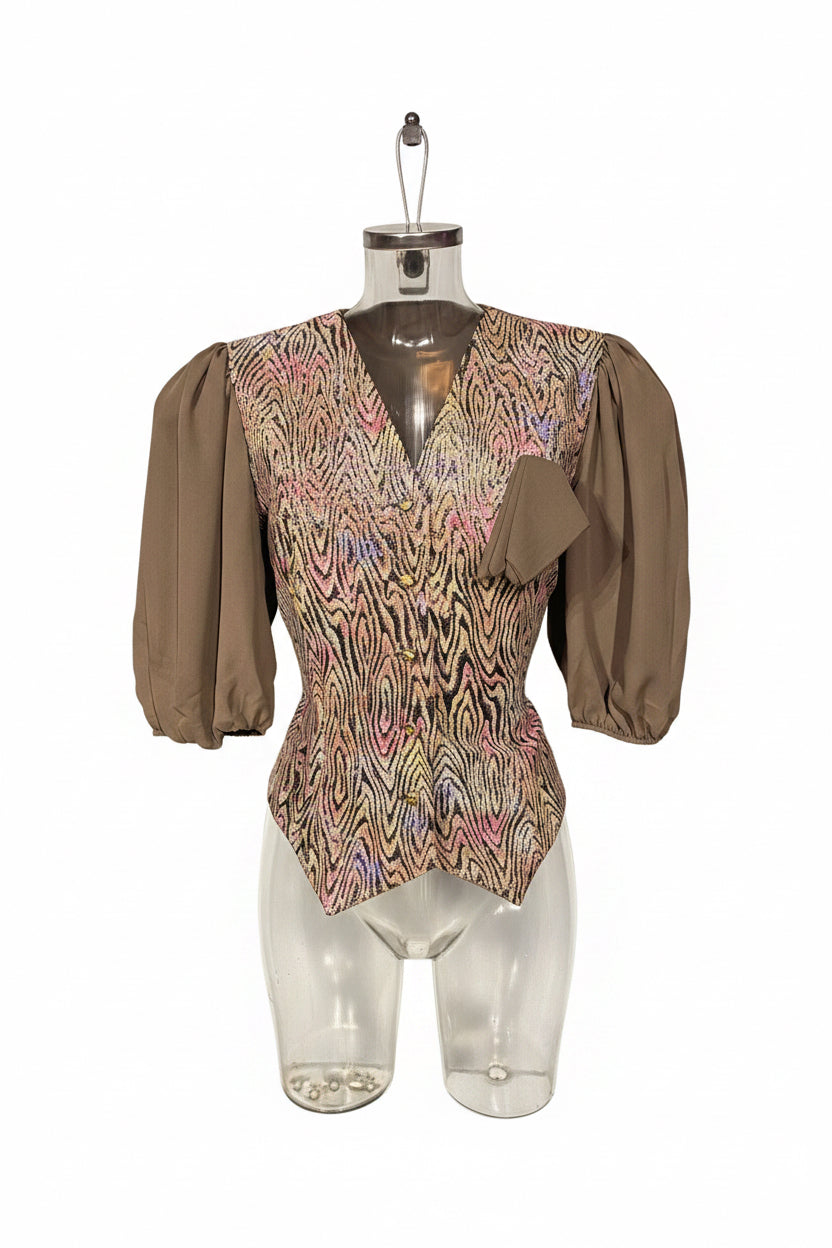 Vintage 80s Lurex Brocade Puff Sleeve Blouse with Tie Back