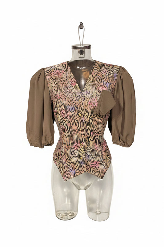 Vintage 80s Lurex Brocade Puff Sleeve Blouse with Tie Back
