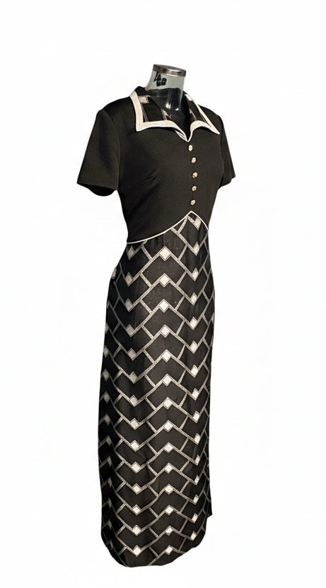 Vintage 70s Black & Grey Geometric Maxi Dress