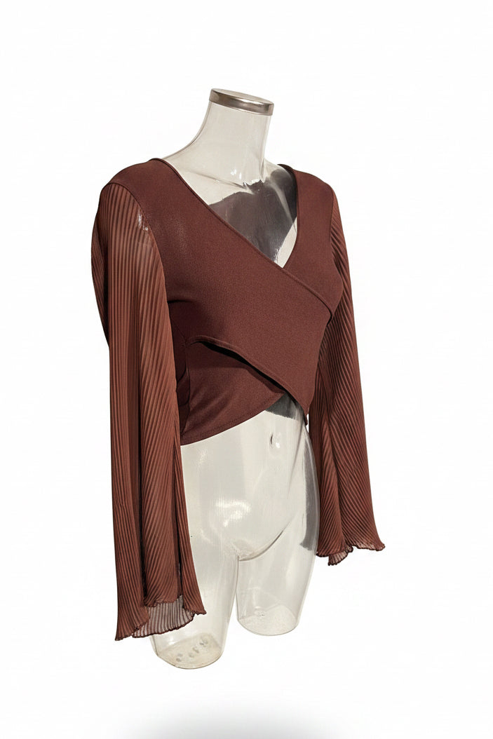 Vintage Rust Sheer Wrap Crop Top with Pleated Bell Sleeves