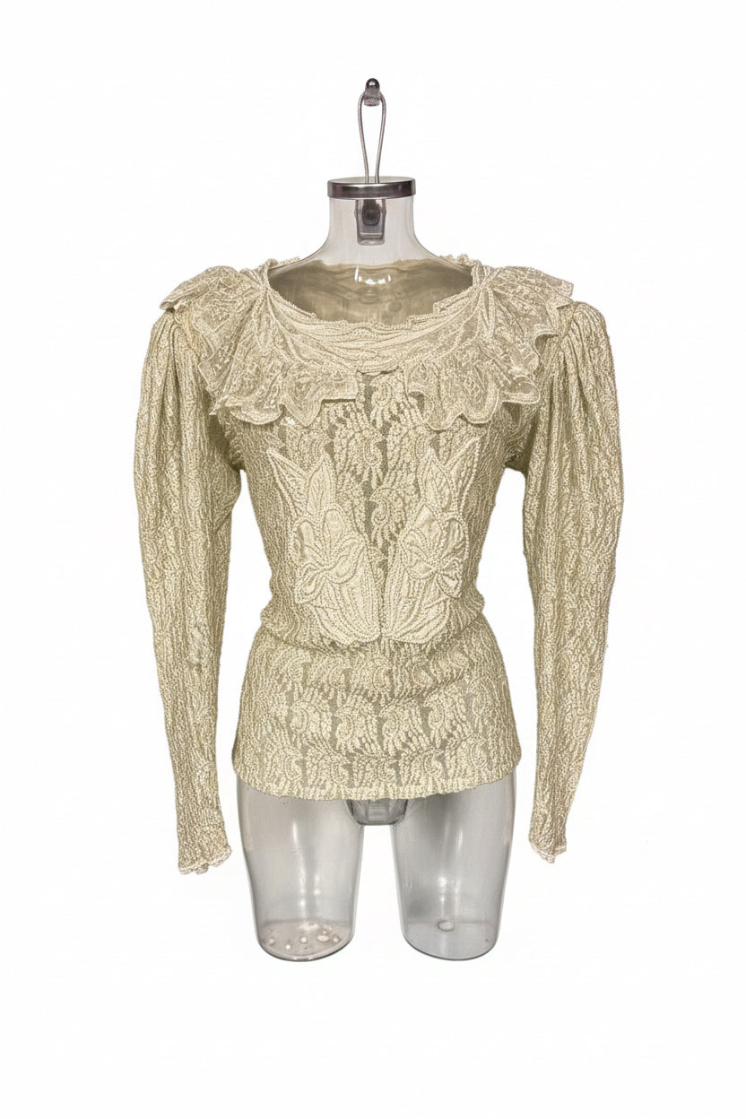 Vintage 80s Sage Green All-Over Lace Ruffle Puff Sleeve Blouse