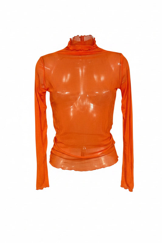 Vintage Neon Orange Sheer Turtleneck Top | Y2K Long Sleeve