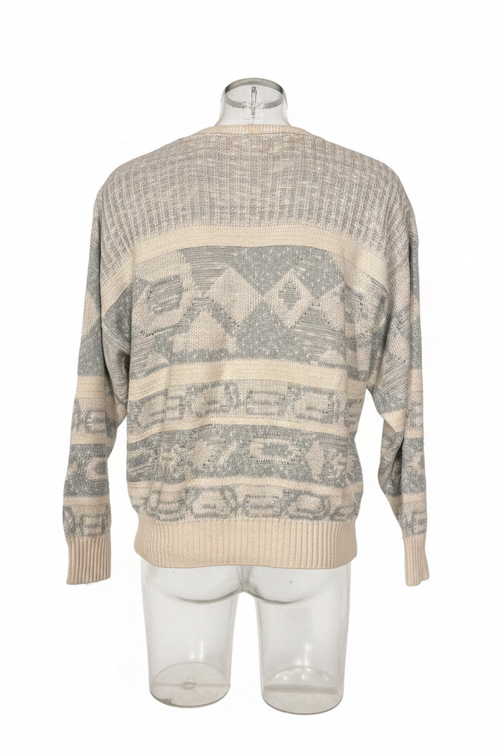 Lion Vintage V-Neck Geometric Knit in Cream & Grey — Size L